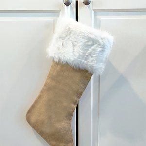 Rustic Burlap White Faux Fur Cuff Christmas Stocking